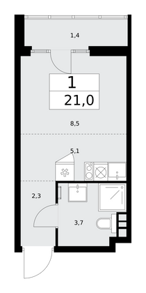 21 м², 1-комн. квартира, 10/15 этаж