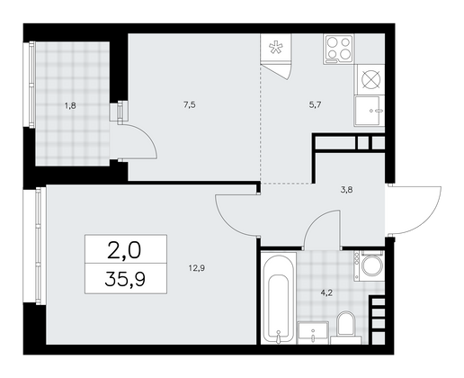 35,9 м², своб. планировка, 17/24 этаж