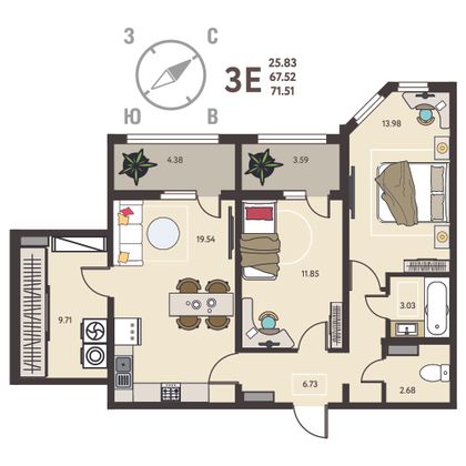71,5 м², 2-комн. квартира, 2/18 этаж