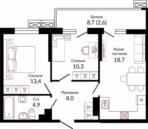 57,9 м², 2-комн. квартира, 18/23 этаж