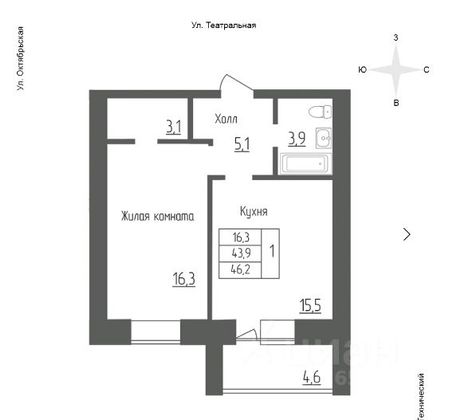 Продажа 1-комнатной квартиры 46,2 м², 7/10 этаж