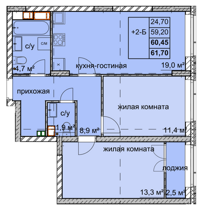 Продажа 2-комнатной квартиры 60,5 м², 12/15 этаж