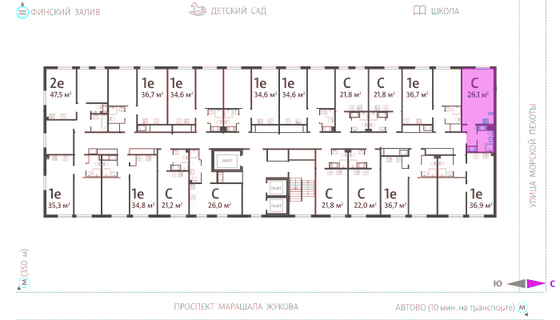 26 м², студия, 22/23 этаж