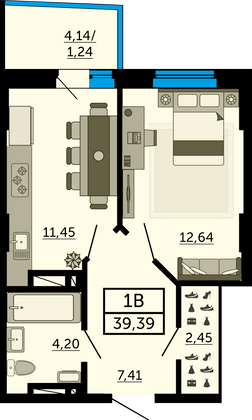 39,3 м², 1-комн. квартира, 11/27 этаж