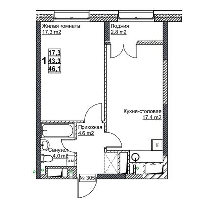 Продажа 1-комнатной квартиры 46,1 м², 22/24 этаж