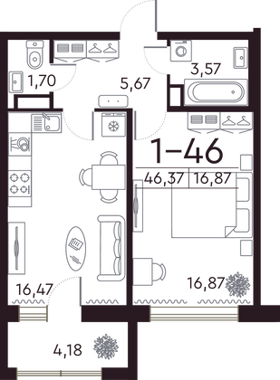 46,4 м², 1-комн. квартира, 7/8 этаж