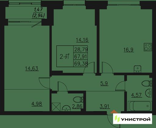 69,4 м², 2-комн. квартира, 6/20 этаж