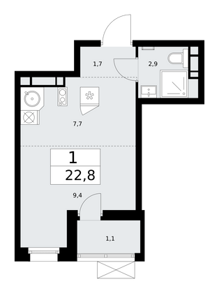 22,8 м², 1-комн. квартира, 11/14 этаж