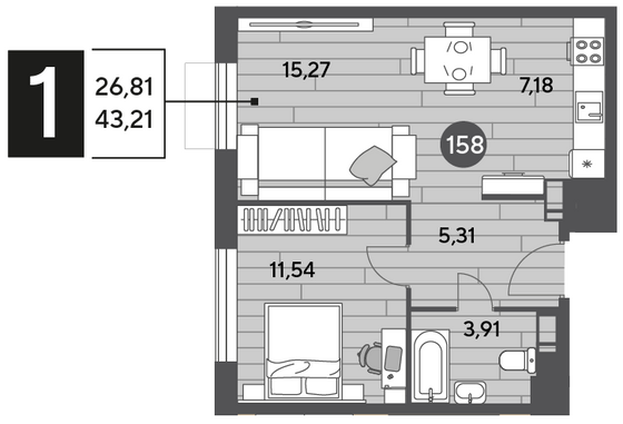 Продажа 1-комнатной квартиры 43,2 м², 9/10 этаж