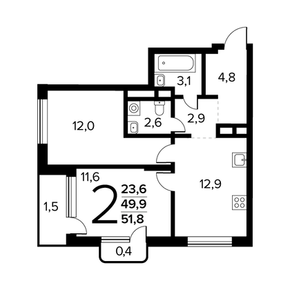 51,8 м², 2-комн. квартира, 4/14 этаж