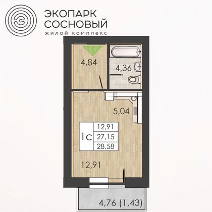 28,6 м², 1-комн. квартира, 1/4 этаж