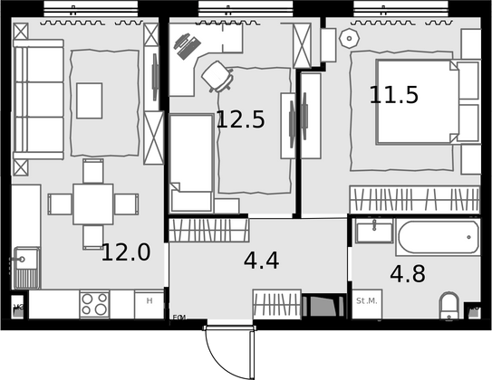 52,7 м², 2-комн. квартира, 26/28 этаж