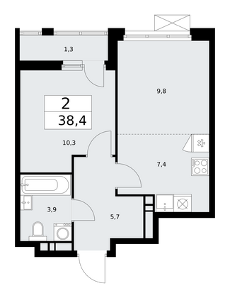 38,4 м², 2-комн. квартира, 9/18 этаж