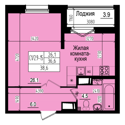 38,6 м², студия, 14/23 этаж