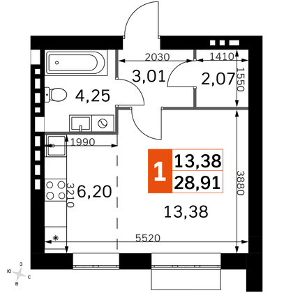 28,9 м², 1-комн. квартира, 4/4 этаж