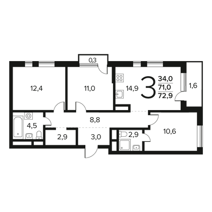 Продажа 3-комнатной квартиры 72,9 м², 12/14 этаж