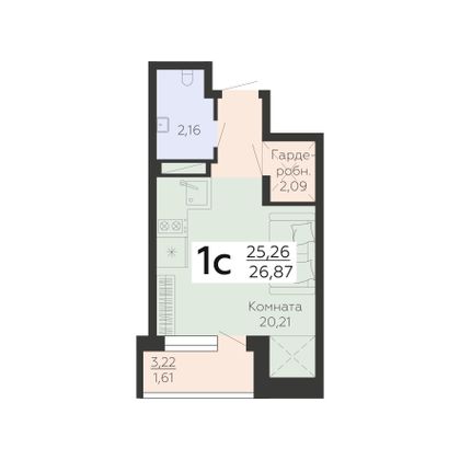 Продажа 1-комнатной квартиры 26,9 м², 20/24 этаж