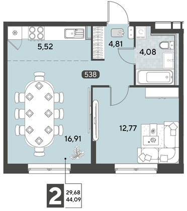 Продажа 2-комнатной квартиры 44,1 м², 21/21 этаж