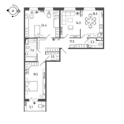 106,2 м², 3-комн. квартира, 5/19 этаж