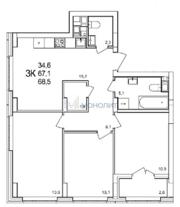 Продажа 3-комнатной квартиры 68,5 м², 7/20 этаж