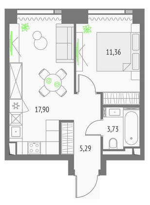 38,3 м², 1-комн. квартира, 23/57 этаж