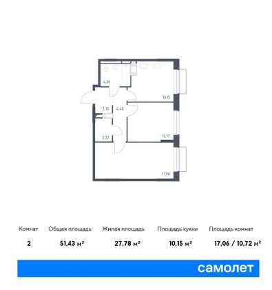 51,4 м², 2-комн. квартира, 6/10 этаж