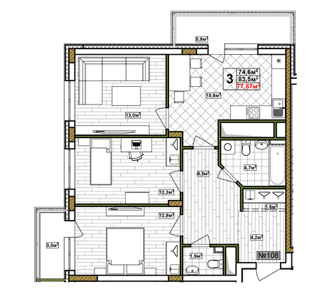 Продажа 3-комнатной квартиры 77,9 м², 16/17 этаж