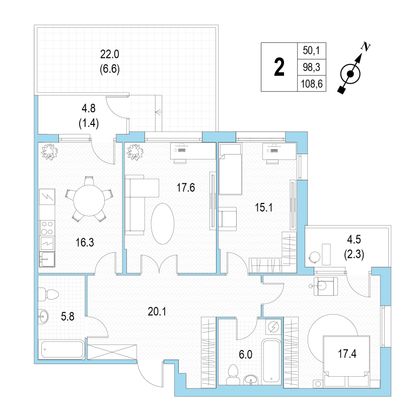 Продажа 3-комнатной квартиры 108,6 м², 1/4 этаж