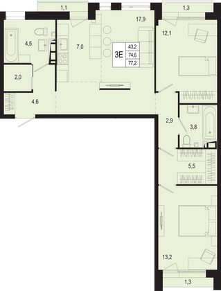 74,6 м², 3-комн. квартира, 4/8 этаж