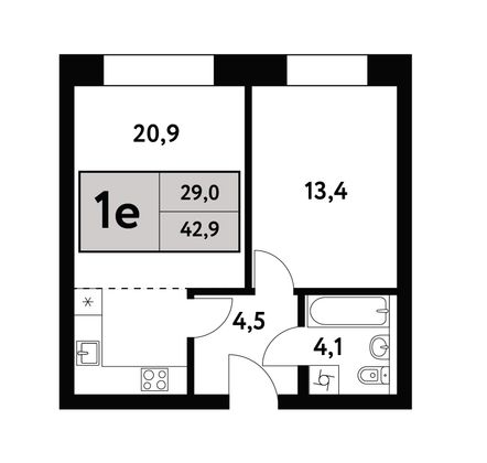 42,9 м², 2-комн. квартира, 2/35 этаж