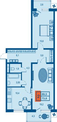 69,3 м², 2-комн. квартира, 2/23 этаж