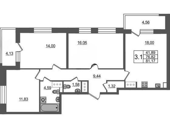 Продажа 3-комнатной квартиры 76,8 м², 2/19 этаж