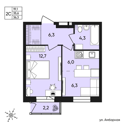 Продажа 2-комнатной квартиры 36,3 м², 1/9 этаж