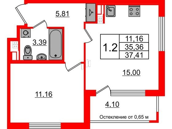 Продажа 1-комнатной квартиры 35,4 м², 3/4 этаж
