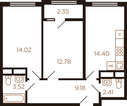 56,3 м², 2-комн. квартира, 7/8 этаж