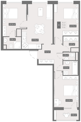 72,6 м², 3-комн. квартира, 8/10 этаж