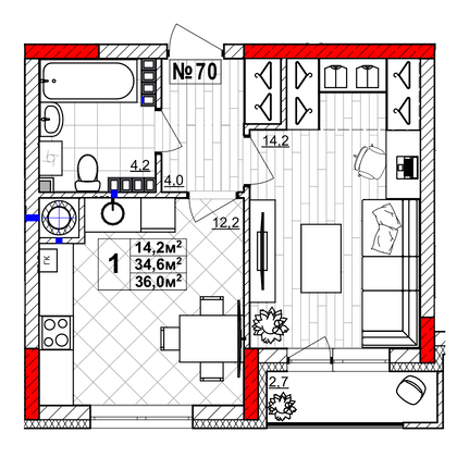 Продажа 1-комнатной квартиры 36 м², 4/4 этаж