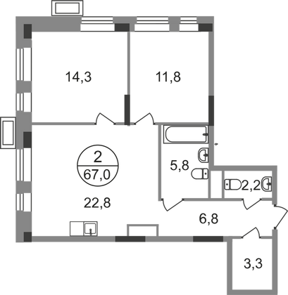 67 м², 2-комн. квартира, 13/19 этаж