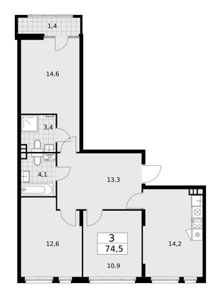 74,5 м², 3-комн. квартира, 5/16 этаж