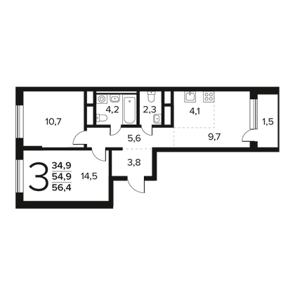 Продажа 3-комнатной квартиры 56,3 м², 6/9 этаж