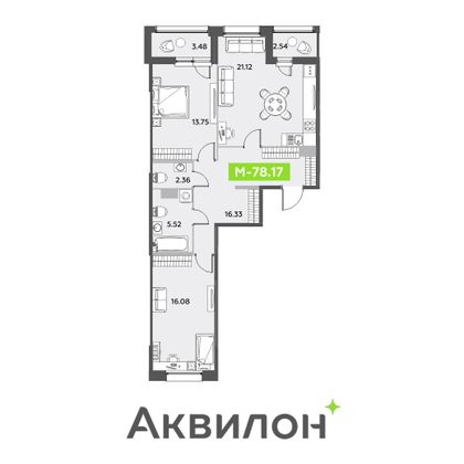 78,2 м², 2-комн. квартира, 11/12 этаж