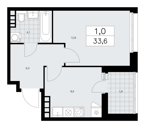 33,6 м², своб. планировка, 19/24 этаж