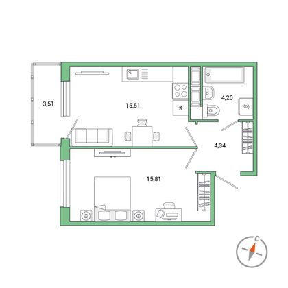 Продажа 1-комнатной квартиры 40,9 м², 6/7 этаж