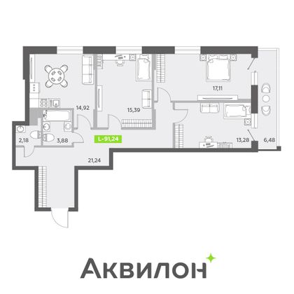 91,2 м², 3-комн. квартира, 13/13 этаж