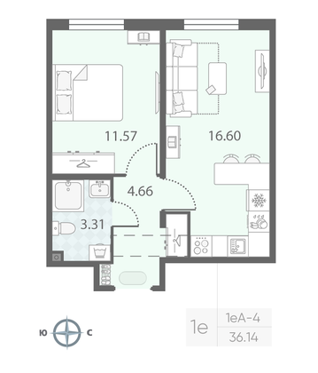 Продажа 1-комнатной квартиры 36,1 м², 5/23 этаж