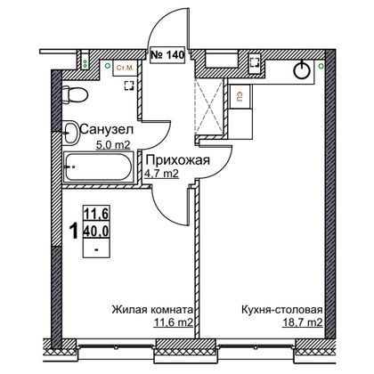 Продажа 1-комнатной квартиры 40 м², 2/24 этаж