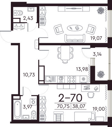 70,7 м², 2-комн. квартира, 8/8 этаж