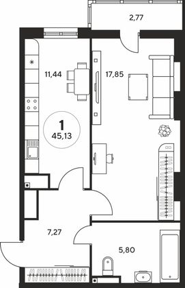 45,1 м², 1-комн. квартира, 3 этаж