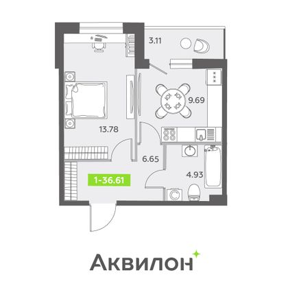 36,6 м², 1-комн. квартира, 1/13 этаж