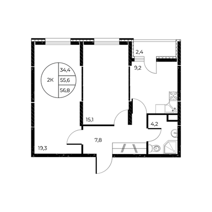 56,8 м², 2-комн. квартира, 2/25 этаж